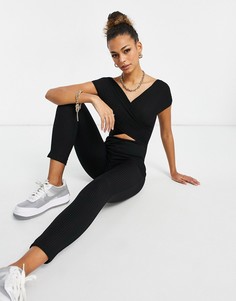 Черный облегающий комбинезон в рубчик с открытыми плечами ASOS DESIGN-Черный цвет