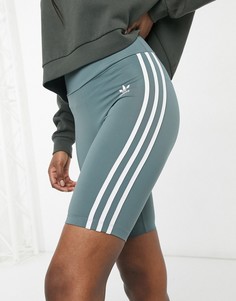Голубые шорты-леггинсы с завышенной талией и тремя полосками adidas Originals adicolor-Голубой