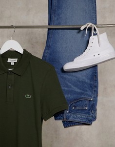 Поло узкого кроя из пике цвета хаки с фирменным логотипом Lacoste-Зеленый