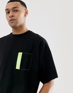 Черная oversize-футболка с рукавами до локтя и карманом неоновой расцветки в стиле милитари ASOS DESIGN-Черный