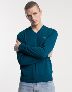 Насыщенно-красный свитер из хлопкового пике с V-образным вырезом Lacoste-Голубой