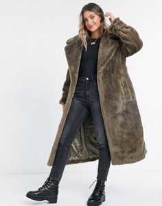 Коричневое oversized-пальто из искусственного меха с поясом ASOS DESIGN-Коричневый цвет