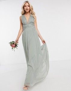 Оливковое платье макси со сборками на лифе, драпировкой и запахом ASOS DESIGN Bridesmaid-Зеленый