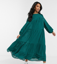 Темно-зеленое платье макси в клетку в стиле oversized с присборенной юбкой и складками ASOS DESIGN Petite-Зеленый цвет