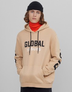 Светло-бежевое худи с принтом "Global" на груди и спине Bershka-Светло-бежевый