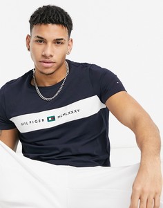 Темно-синяя футболка с логотипом и полосой на груди Tommy Hilfiger-Темно-синий