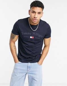 Темно-синяя футболка с вышитым логотипом-флагом в стиле ретро Tommy Hilfiger-Темно-синий