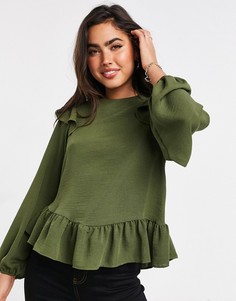 Оливковая блузка с длинными рукавами и оборками ASOS DESIGN-Бесцветный