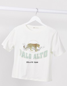 Кремовая футболка с принтом "Michigan" Stradivarius-Белый