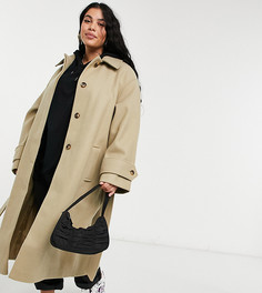 Бежевое пальто с поясом ASOS DESIGN Curve-Коричневый цвет