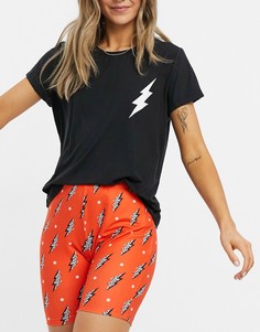 Черно-оранжевая пижама с леггинсами и футболкой с принтом в виде молнии Loungeable-Многоцветный