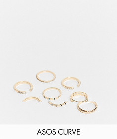 Набор из 8 золотистых колец с разными дизайнами ASOS DESIGN Curve-Золотой