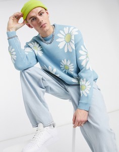 Вязаный oversized-джемпер приглушенного голубого цвета с цветочным рисунком ASOS DESIGN-Голубой