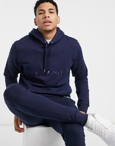 Флисовый свитшот с карманом «кенгуру», капюшоном и вышитым логотипом Lacoste-Темно-синий