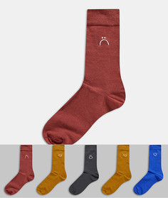 Набор из пяти пар разноцветных носков с вышивкой лица New Look-Многоцветный