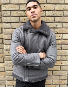Серая куртка авиатор под овчину Topman-Серый