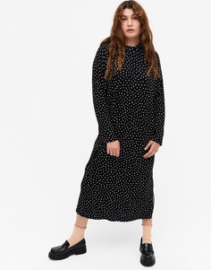 Черное платье миди в горошек с длинными рукавами Monki Pia-Черный