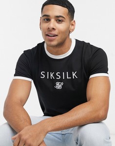 Черная спортивная футболка с прямым низом, логотипом по центру и контрастным воротником SikSilk-Черный цвет