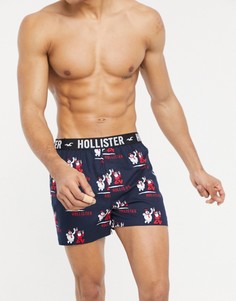 Синие тканевые боксеры с праздничным принтом и поясом с логотипом Hollister-Красный