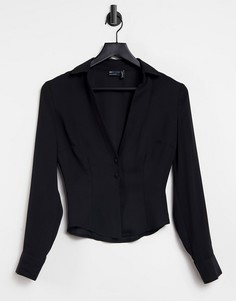 Черная облегающая рубашка из полупрозрачного материала с глубоким вырезом декольте ASOS DESIGN-Бесцветный