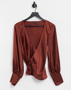 Атласный топ медного цвета с запахом ASOS DESIGN-Коричневый цвет