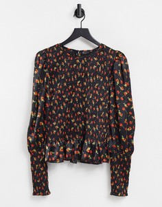 Атласный присборенный лонгслив с цветочным принтом ASOS DESIGN-Многоцветный