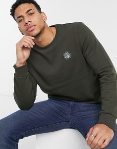 Свитшот цвета хаки с круглым вырезом и вышивкой Burton Menswear-Зеленый цвет