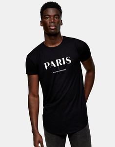 Черная удлиненная футболка с принтом "Paris" Topman-Черный
