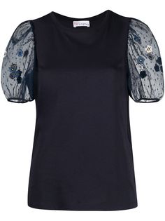 RED Valentino топ с пышными рукавами и цветочной вышивкой