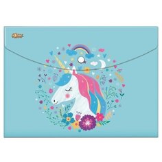 №1 School Папка-конверт на кнопке Единорог А4, пластик голубой
