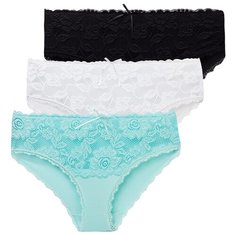Magic lady Набор трусов слипы высокой посадки с кружевом, 3 шт., размер 52, бирюзовый/белый/черный