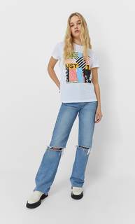 Stradivarius Футболка С Принтом Женская Коллекция Цвет Небеленого Полотна S