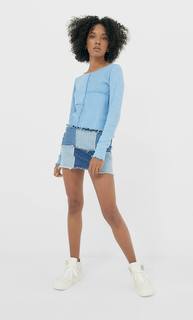 Stradivarius Укороченная Футболка В Стиле Пэчворк Женская Коллекция Синий Xs