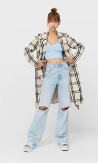 Stradivarius Пальто В Клетку С Поясом Женская Коллекция Цвет Небеленого Полотна S