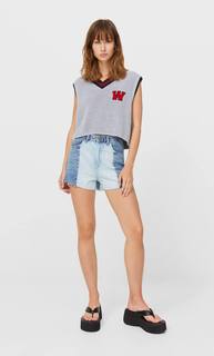 Stradivarius Укороченный Жилет С Нашивкой Женская Коллекция Пестро-Серый Xl