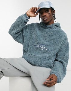 Худи цвета порыжевшего металла с оттенком серого в стиле oversized из плюша с вышивкой "Kyoto" и высоким воротом ASOS DESIGN-Серый