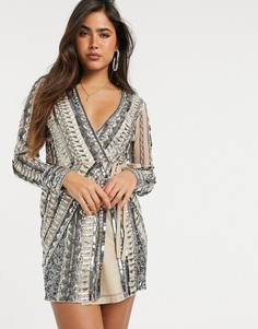 Серебристое платье мини с запахом и отделкой ASOS DESIGN-Многоцветный