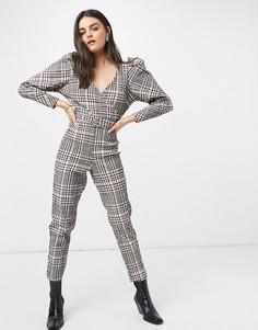 Клетчатый комбинезон с пышными рукавами и поясом ASOS DESIGN-Многоцветный