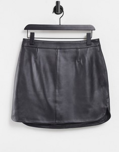 Черная кожаная юбка с закругленным краем ASOS DESIGN-Черный цвет