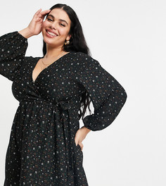 Черное присборенное платье мини в стиле oversized с запахом в мелкий цветочек ASOS DESIGN Curve-Черный цвет