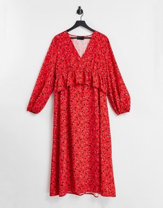 Красное платье миди с оборками спереди, разрезами и цветочным принтом ASOS DESIGN-Многоцветный
