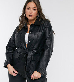 Пальто из искусственной кожи лимонадного цвета с поясом Threadbare Plus-Черный