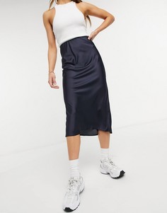 Темно-синяя атласная юбка миди косого кроя в стиле комбинации ASOS DESIGN-Голубой