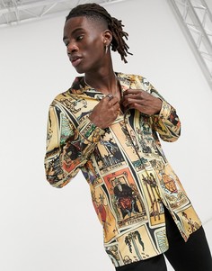 Атласная рубашка с отложным воротником и винтажным принтом «карты таро» ASOS DESIGN-Коричневый цвет