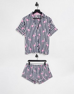 Черно-белый пижамный комплект в полоску из рубашки и шорт с принтом розовых фламинго Chelsea Peers-Многоцветный