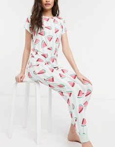 Пижамный комплект из футболки и брюк с арбузным и полосатым принтом синего цвета Chelsea Peer-Голубой