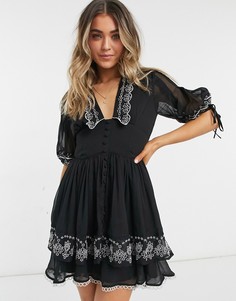 Черное платье мини с вышивкой на воротнике и завязками на рукавах ASOS DESIGN-Черный цвет
