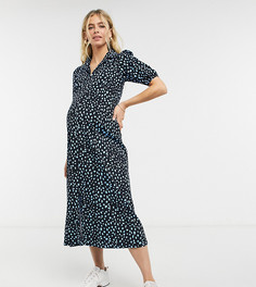 Черное чайное платье миди в голубой горошек с воротником ASOS DESIGN Maternity-Черный цвет