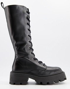 Черные кожаные ботинки до колена на шнуровке с квадратным носком ASOS DESIGN Celina-Черный цвет