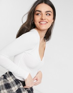 Белое боди в рубчик с вырезом сердечком и длинными рукавами ASOS DESIGN-Белый